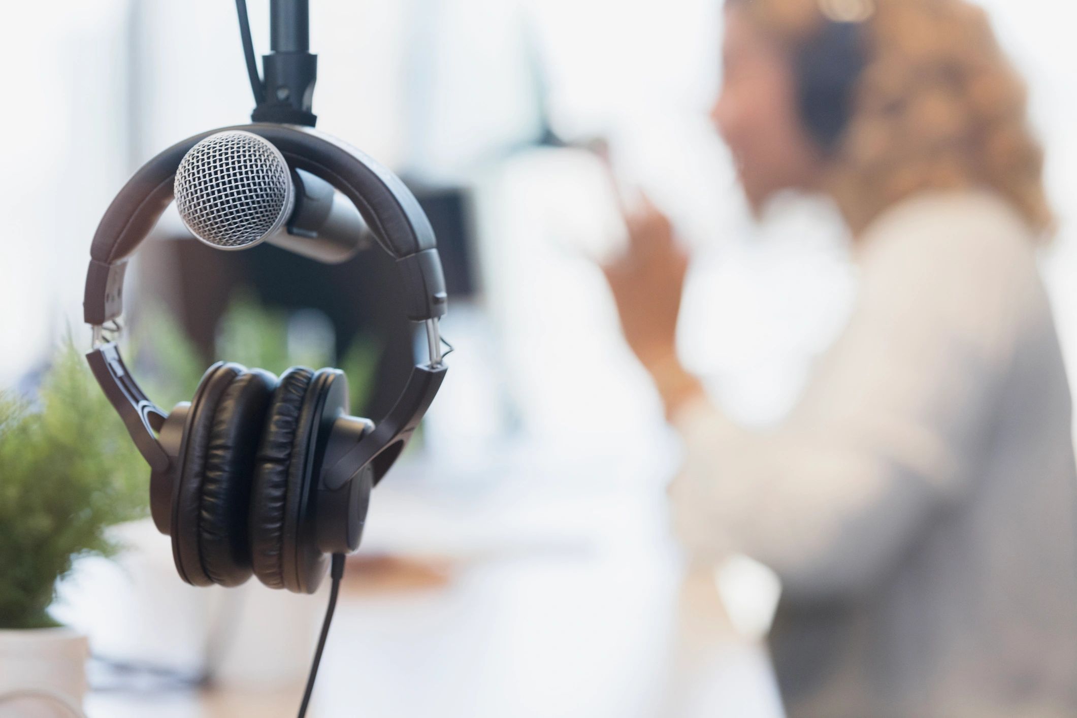 Studio microphone and headphones for audiobook narration