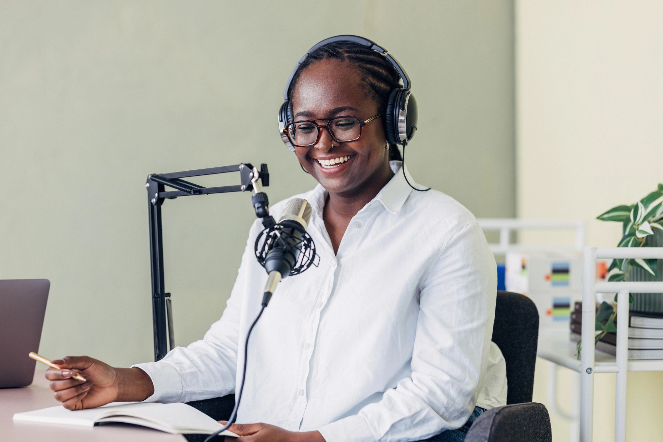 Voice actor recording in a modern studio